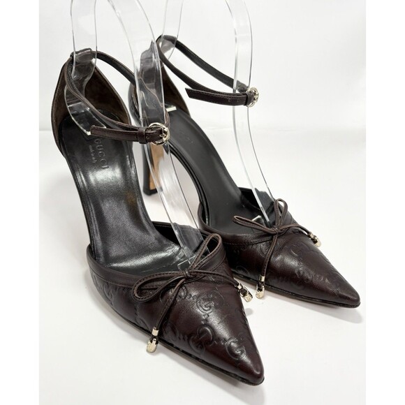 Gucci Brown Leather Guccissima GG Monogram Heels w/ Bow Accent Y2K Sz EU 36C 6 - Picture 1 of 14